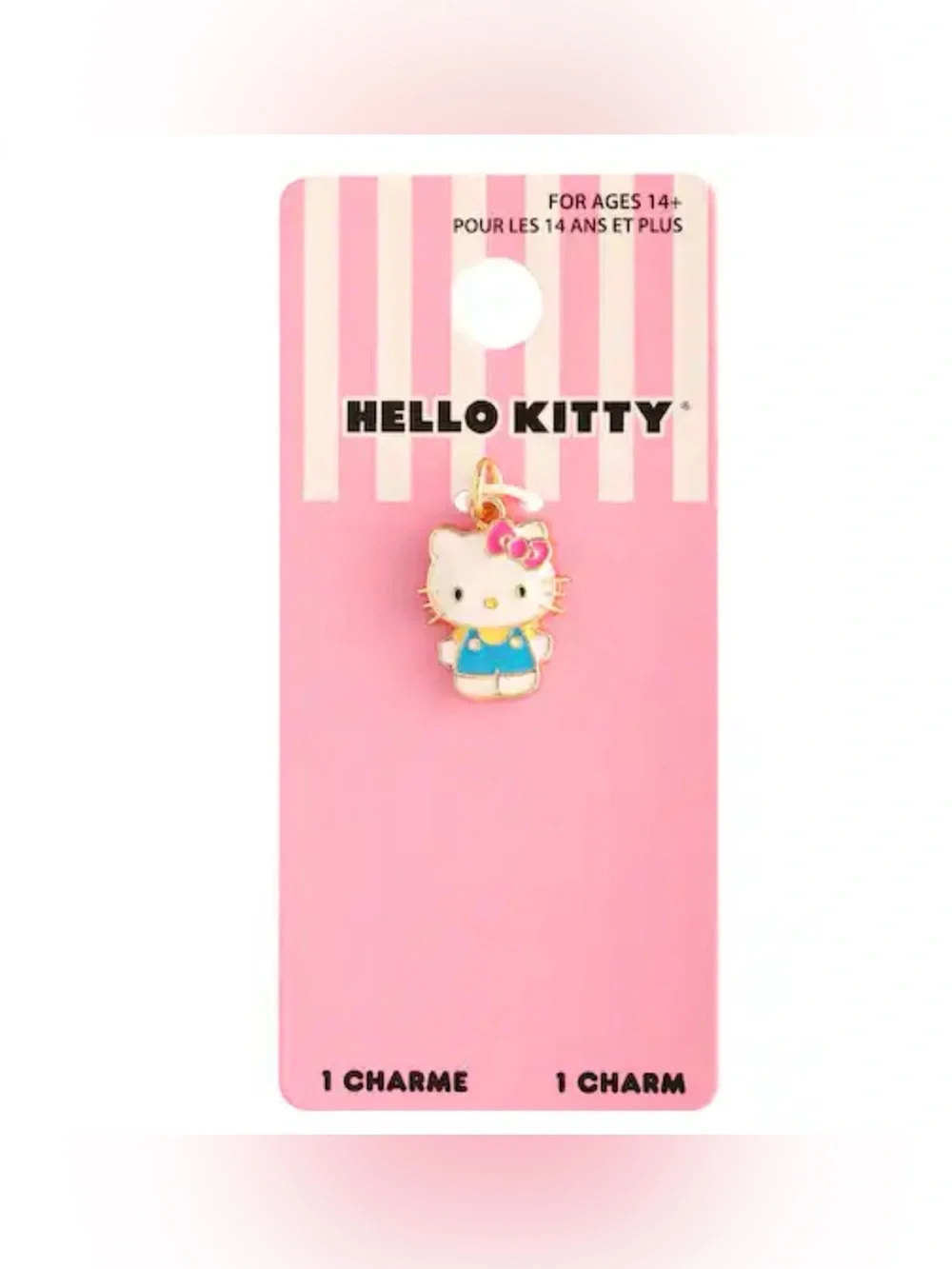 Hello Kitty Gold-Trim White Enamel Phone Charm with Pink Bow and Blue Outfit